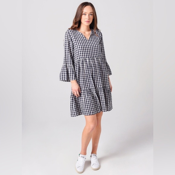 Hartford NWOT Rain Woven Dress, Blue Gingham, French Size 3 Large, Bell Sleeves - Picture 2 of 10